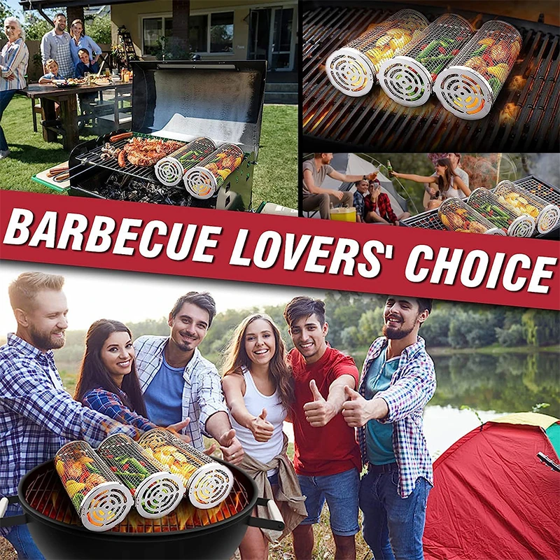 BBQ Basket Stainless Steel Rolling Grilling Basket Wire Mesh Cylinder Grill Basket Portable Round Outdoor Camping Barbecue Rack - Image 6