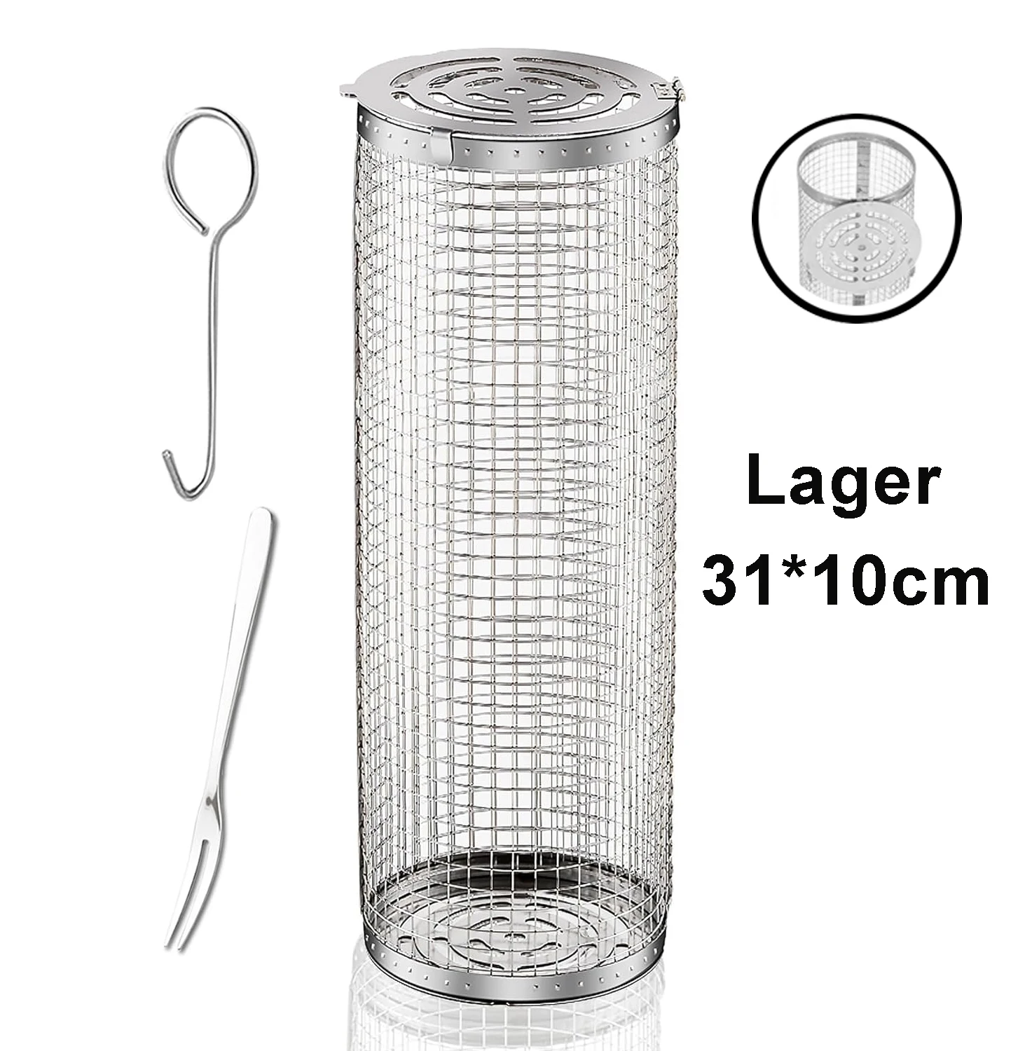 BBQ Basket Stainless Steel Rolling Grilling Basket Wire Mesh Cylinder Grill Basket Portable Round Outdoor Camping Barbecue Rack - Image 14