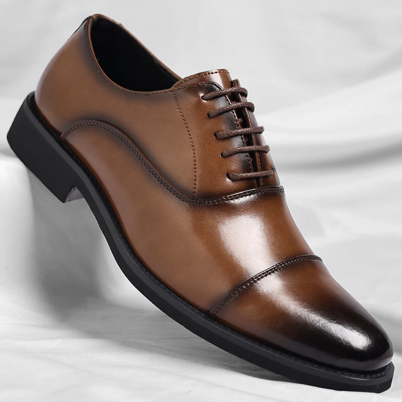 Mens Brown Gradient Leather Cap Toe Oxford Dress Shoes Lace Up Formal Business Office Work Daily Wear Comfortable Non Slip Shoes - Image 2