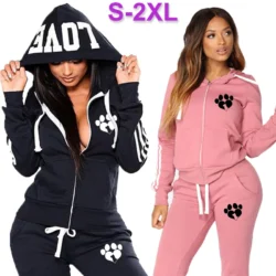 Newest Fashion Womens Cute Dog Paw Print Zipper Tracksuit Hoodies and Sweatpants…