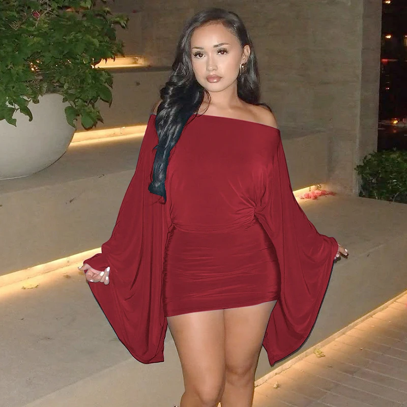 Hugcitar Solid Long Cloak Sleeve Sexy Loose Sexy Ruched Sexy Bodycon Mini Dress… - Image 48
