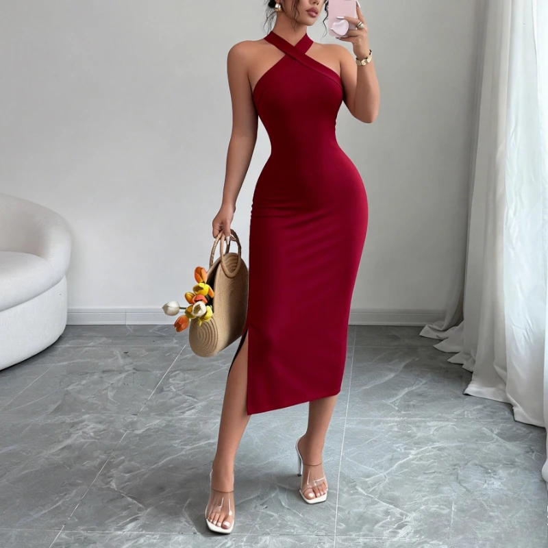 Women's Burgundy Halter Neck Sleeveless Stretchy Knit Bodycon Midi Dress Side Slit… - Image 4