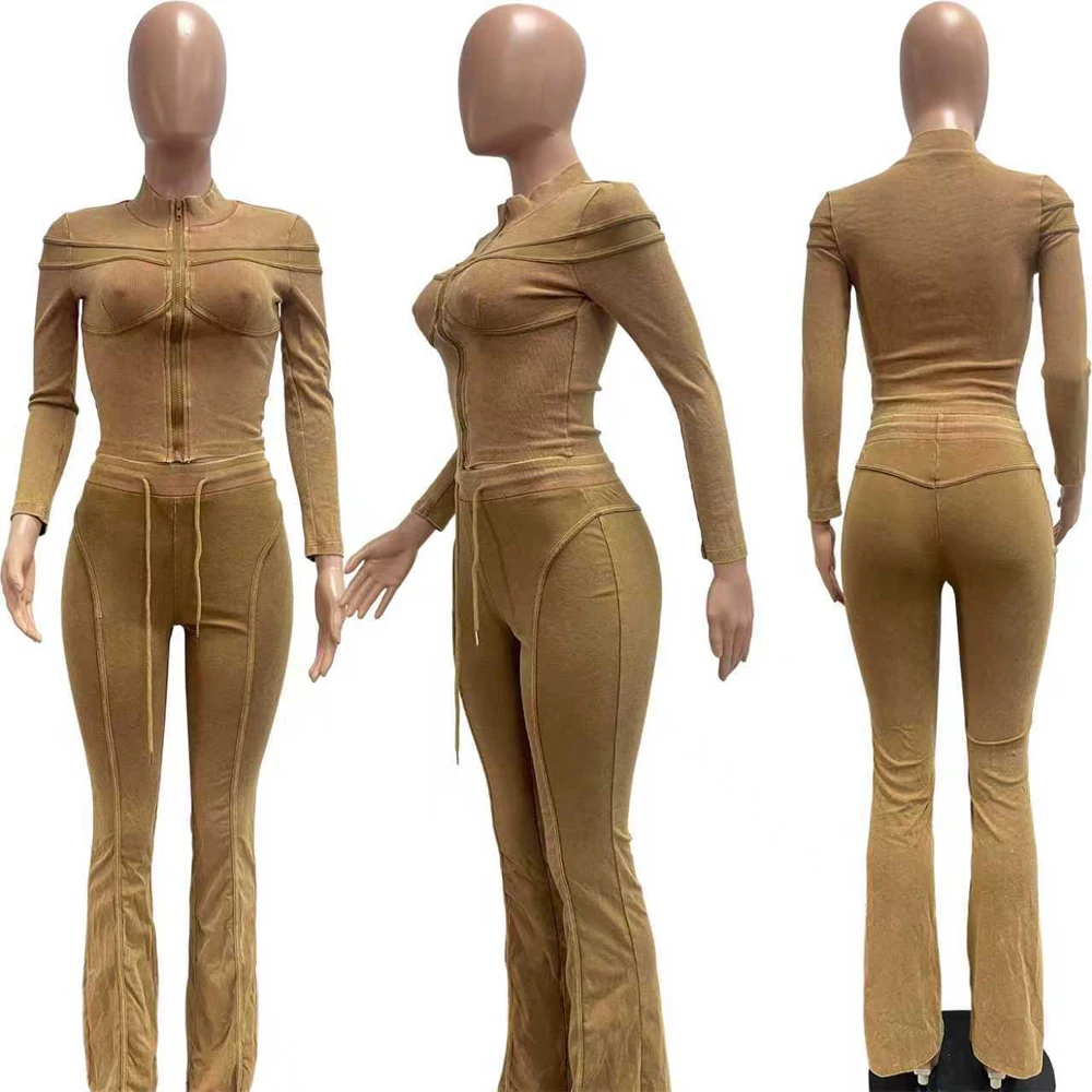 Trends 2026 Women's Sets Acid Washed Long Sleeve Zip Tops and Flare Pants Suit… - Image 6