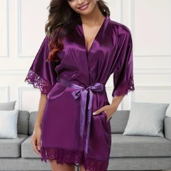 Women's Satin Robe Lace Trim Short Sleeve Belted Bathrobe Lightweight Silky…