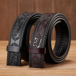 3.5CM Width No Buckle Cowskin Genuine Leather Belt Quality Automatic Print Wasitbad Strap Bussiness Male Belt Men Without Buckle