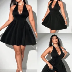 Plus Size Women Halter Black Mini Dress Lace Deep V Neck Sleeveless A Line Flare…