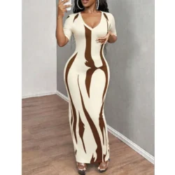 New Summer Women's Sexy Versatile V-Neck Slim Fit Pleated Short Sleeve Printed…