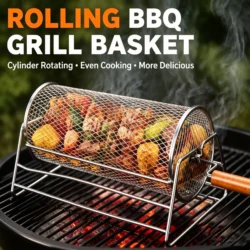 Rolling BBQ Grill Basket Cylinder Rotating 430 Stainless Steel Wooden Handle for…