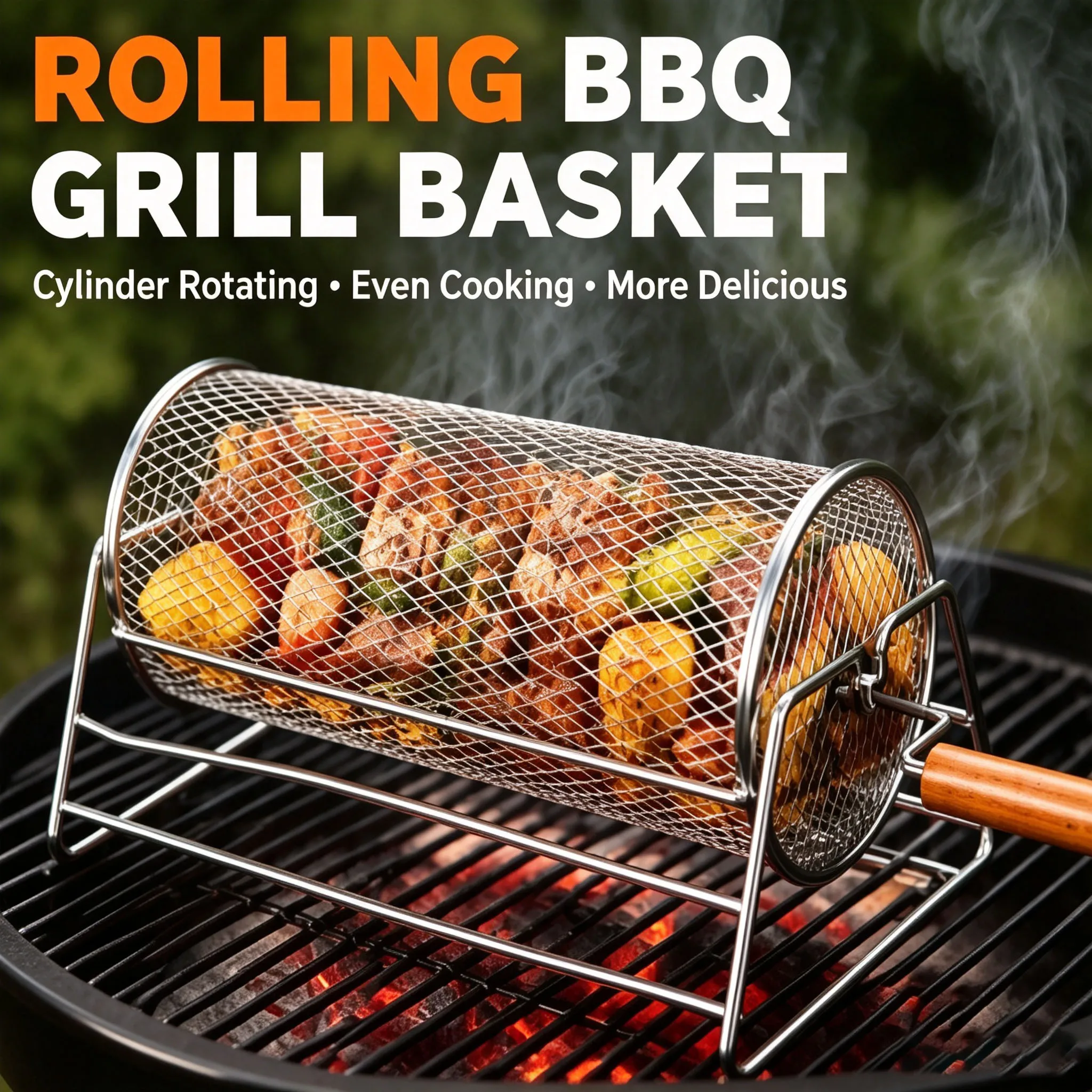 Rolling BBQ Grill Basket Cylinder Rotating 430 Stainless Steel Wooden Handle for…