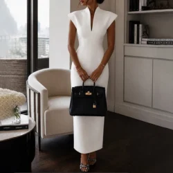 OMSJ Solid Temperament Dress Women Sleeveless Slim V Neck High Waist Vestidos…