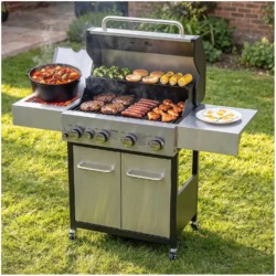 4 Burner Gas Grill with Infrared Side Burner, Side Shelves, Wheels, Custom