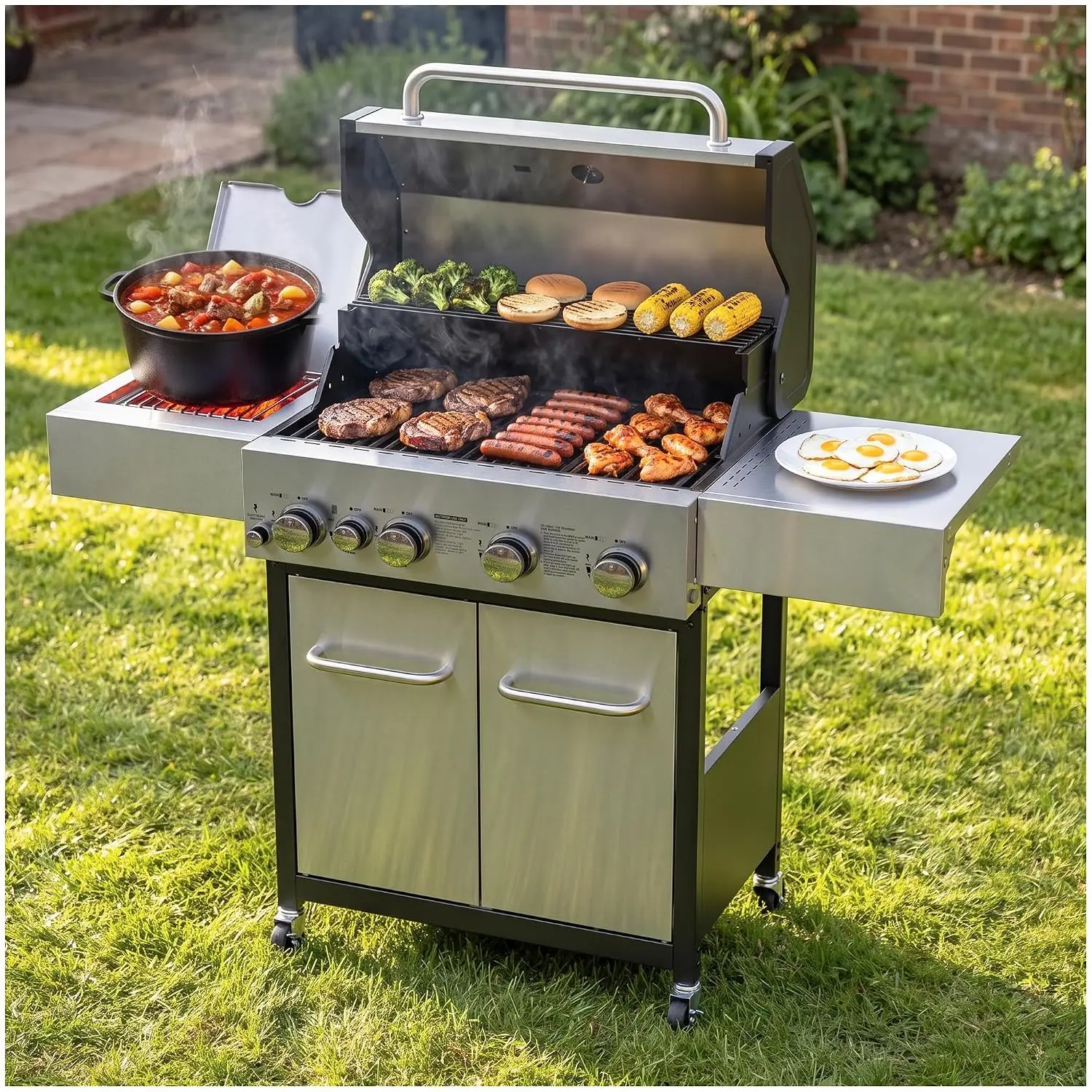4 Burner Gas Grill with Infrared Side Burner, Side Shelves, Wheels, Custom