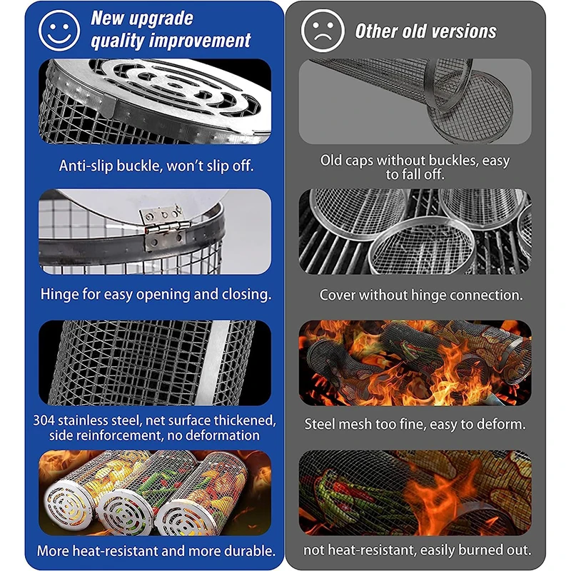 BBQ Basket Stainless Steel Rolling Grilling Basket Wire Mesh Cylinder Grill Basket Portable Round Outdoor Camping Barbecue Rack - Image 3
