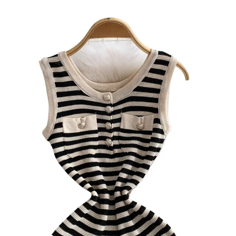 Women's Black White Stripe Sleeveless U Neck Button Sundress Stretchy Knit Bodycon… - Image 4
