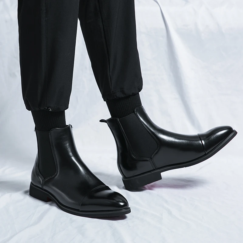 Chelsea Boots for Men Red Sole Pu Ankle Business Round Toe Slip-On Mens Boots Free Shipping Size 38-46 Men Shoes - Image 4