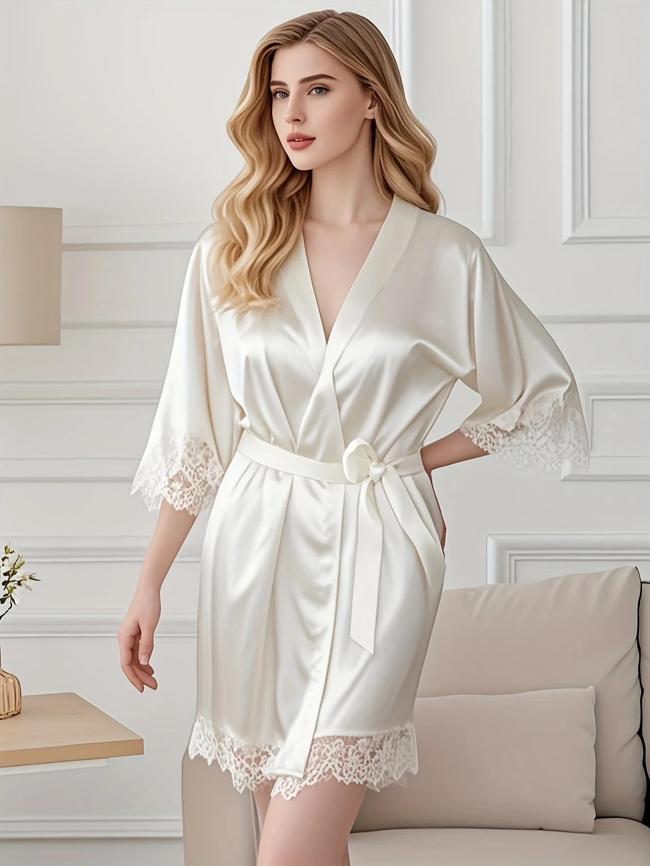 Women's Satin Robe Lace Trim Short Sleeve Belted Bathrobe Lightweight Silky… - Image 19