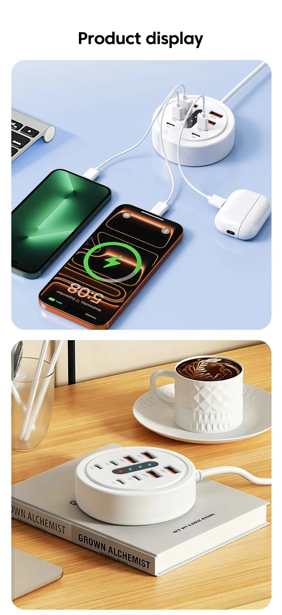 66W Multi Port USB Charging Station 4 QC Fast Charge USB-A 4 Type-C Ports Desktop… - Image 16