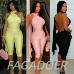 FAGADOER Sexy Halter Bandage Backless Jumpsuits Women Hip Ruched Skinny Rompers…
