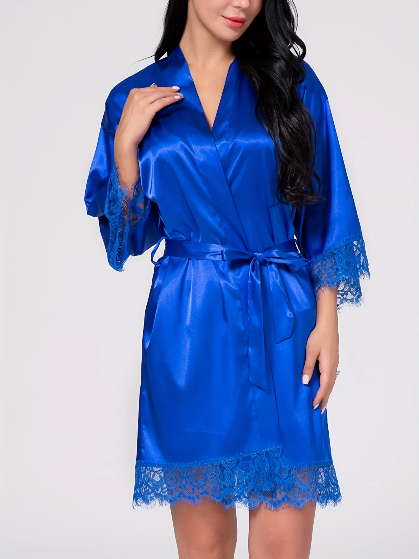 Women's Satin Robe Lace Trim Short Sleeve Belted Bathrobe Lightweight Silky… - Image 10