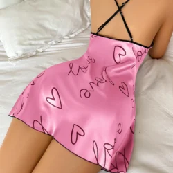Heart Letter Print Nightdress Casual Round Neck Spaghetti Strap Sleep Dress…