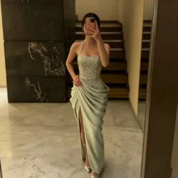 Custom Elegance Halter Heavy Beaded Crystal Evening Dress 2026 Satin Ruched Slit…