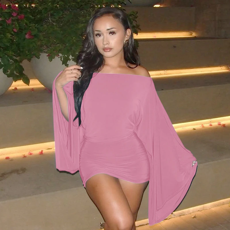 Hugcitar Solid Long Cloak Sleeve Sexy Loose Sexy Ruched Sexy Bodycon Mini Dress… - Image 46