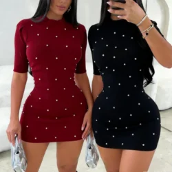 Women's Burgundy Red Sundress Short Sleeve Rhinestone Embellished Stretchy Ribbed…
