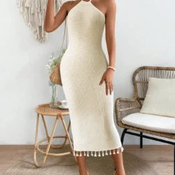 2026 Summer Vacation Style Tassel Dress Women Halter Tie Backless Slip Dress…