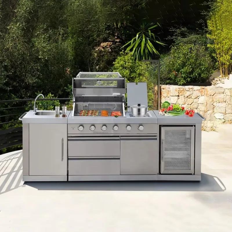 Outdoor Kitchen with Roof Cover Weather-Resistant BBQ Cabinet Set Stainless Steel Garden Kitchen Island with Grill Station - Image 18