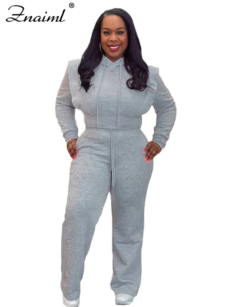 Znaiml Gray Outfit Women Sport Two 2 Piece Winter Sweatshirt Hoodies Tops and Wide… - Image 7