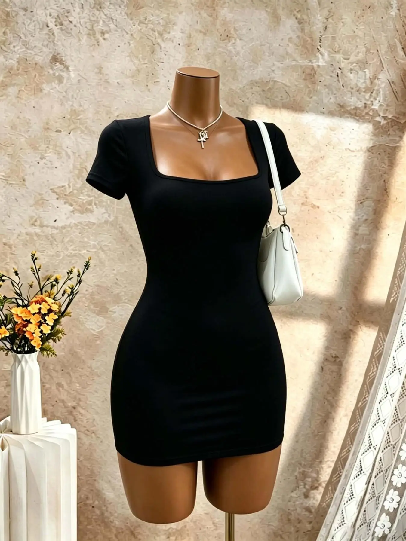 Women Square Neck Short Sleeve Bodycon Mini Dress Solid Black Slim Fit Pencil Club… - Image 5