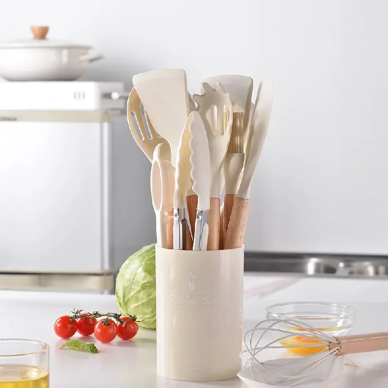 12Pcs Silicone Utensils Set Non-Stick Cookware Spatula Shovel Egg Beaters Wooden… - Image 2