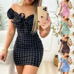 Dress Women Summer New 2022 Grid Printing Leakage Shoulder Sexy Package Buttocks…
