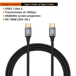 USB C 3.1 Gen2 Type C To Type C Cable PD 100W Fast Charging Data Cord 90 Degree…