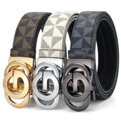 Men's Luxury G Letter Automatic Buckle Belt Geometric Plaid Print Leather Waist Belt for Men Business Casual