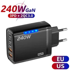 240W GaN 5 Port Fast Charging Station 3PD 2USB Desk Adapter For iPhone 17 16 15 Pro Samsung Xiaomi EU US Wall Plug USB C Charger