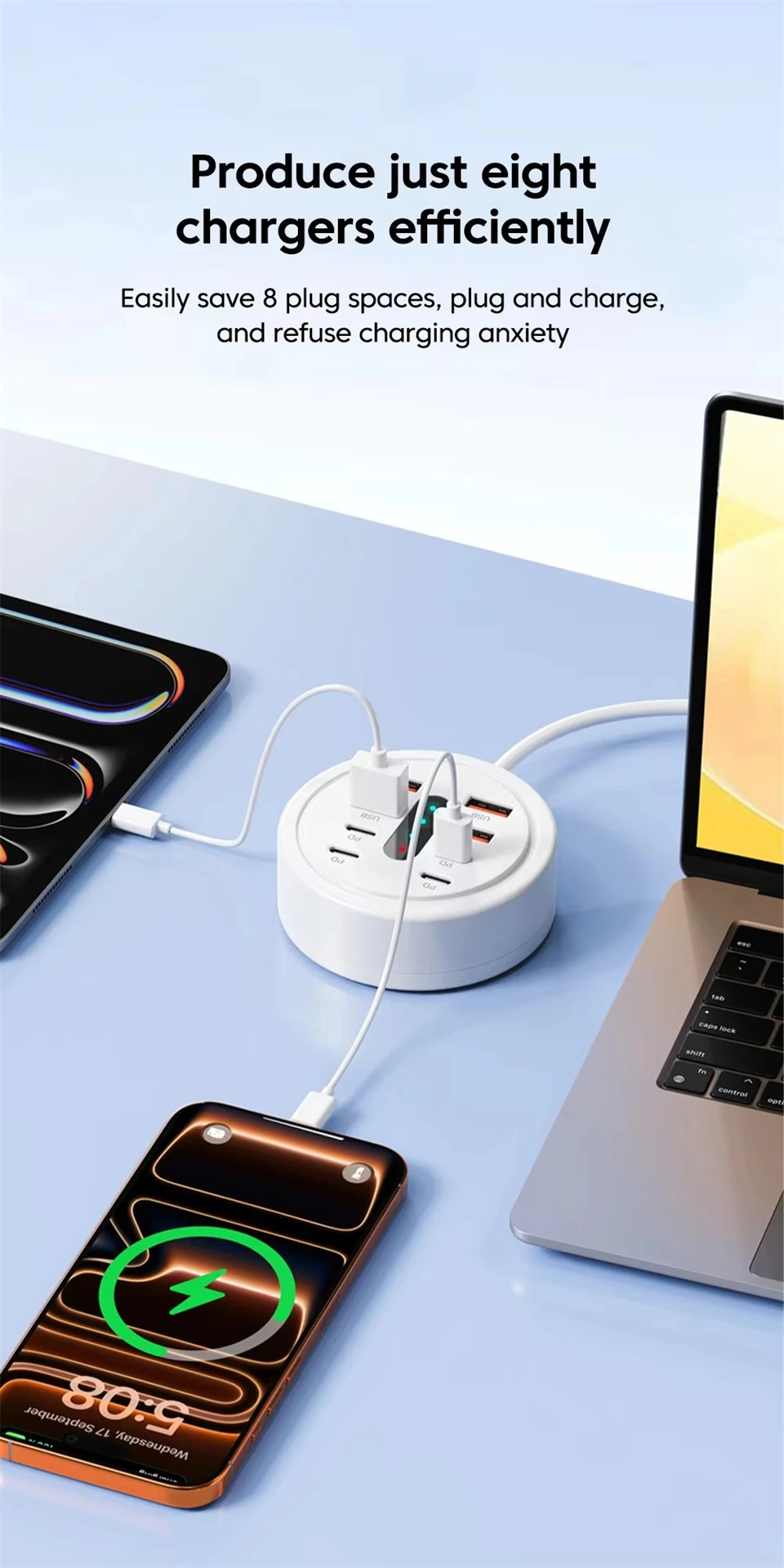 66W Multi Port USB Charging Station 4 QC Fast Charge USB-A 4 Type-C Ports Desktop… - Image 9