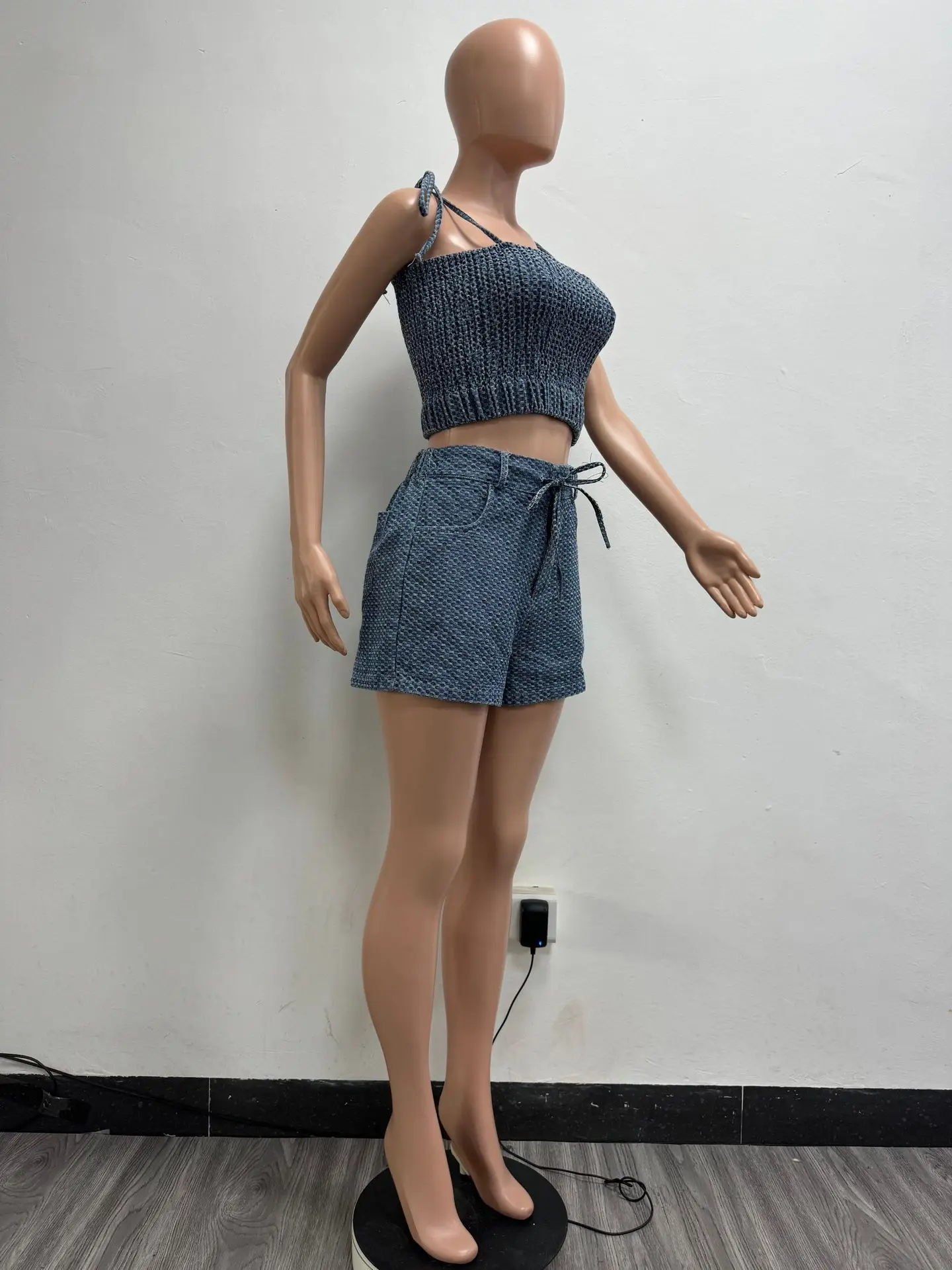 A Fashionable and Sexy Slim-fitting Denim Lace-up Two-piece Set. Women's Summer… - Image 10