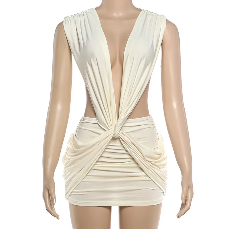 Solid Cross Twist Ruched Bodycon Mini Dress Women Sexy Deep V Neck Sleeveless… - Image 8