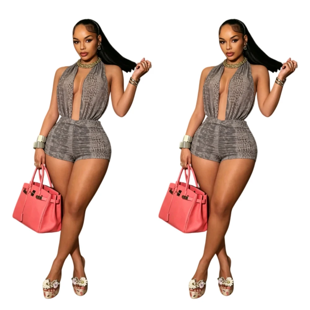 Summer Sexy Mesh Print Lace up Halter Backless Skinny Jumpsuits Women Baddies… - Image 8