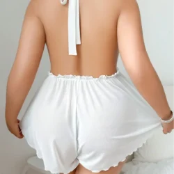 Women's Pure White Halter Deep V Floral Lace Mesh Gathered Loose Short Fairy-Style…