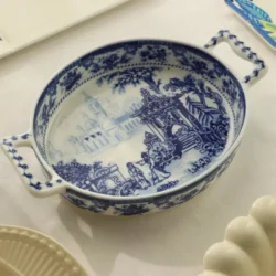 Blue & White Porcelain Casserole Dish DoubleHandled Baking Pan Vintage Ceramic…