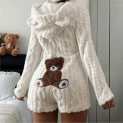 Autumn Winter Plush Embroidered Cartoon Bear Hooded Jumpsuit Women's Casual…