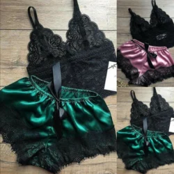2PCS Womens Lace Sleepwear Lingerie Tops Shorts Set Babydoll Casual Pajamas…