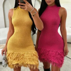 Women's Yellow Sleeveless Mock Neck Crochet Knit Fringe Sundress Bodycon Mini…