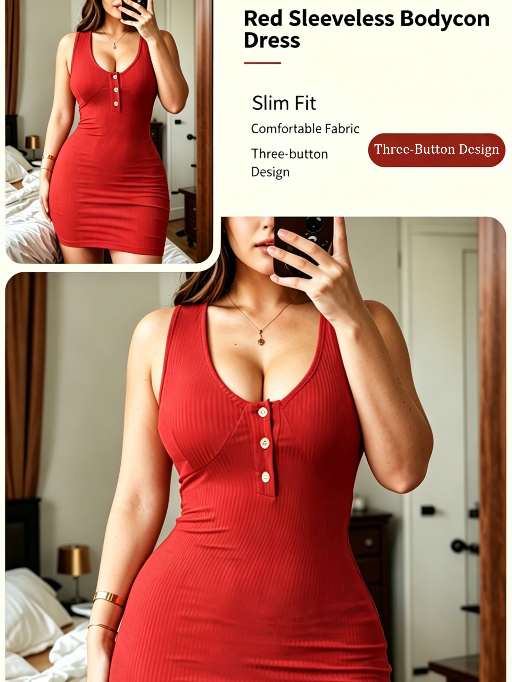 American-Style Spicy Girl Red Ribbed Sleeveless Bodycon Mini Dress, Henley V-Neck… - Image 8