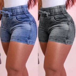 Women Summer Denim Shorts Ladies Elastic Waist Bandage Jeans Skinny Short Pants…