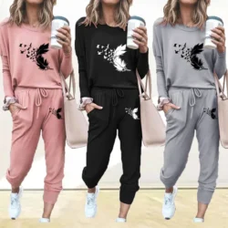 Newest Trending Women Feather Print Tracksuit Fashion Sportswear 2pcs Outfits…