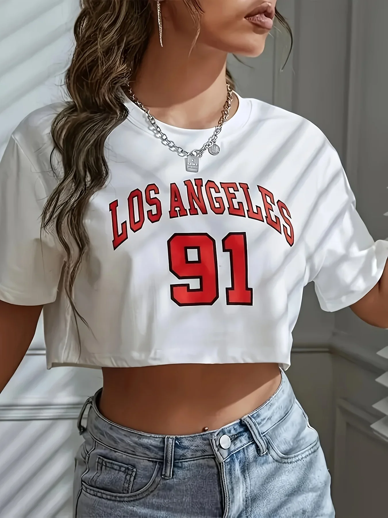 T Shirt Los Angeles Number 91 Brooklyn Graphic Round Neck Sports Crop T-shirt… - Image 5