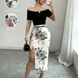 Ladies Spring Summer Shoulder Bared Black Top Spliced Water-Mark Print Split Sexy…